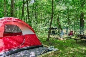 A tent pitched at Pigeon River Campground in the Smoky Mountains
